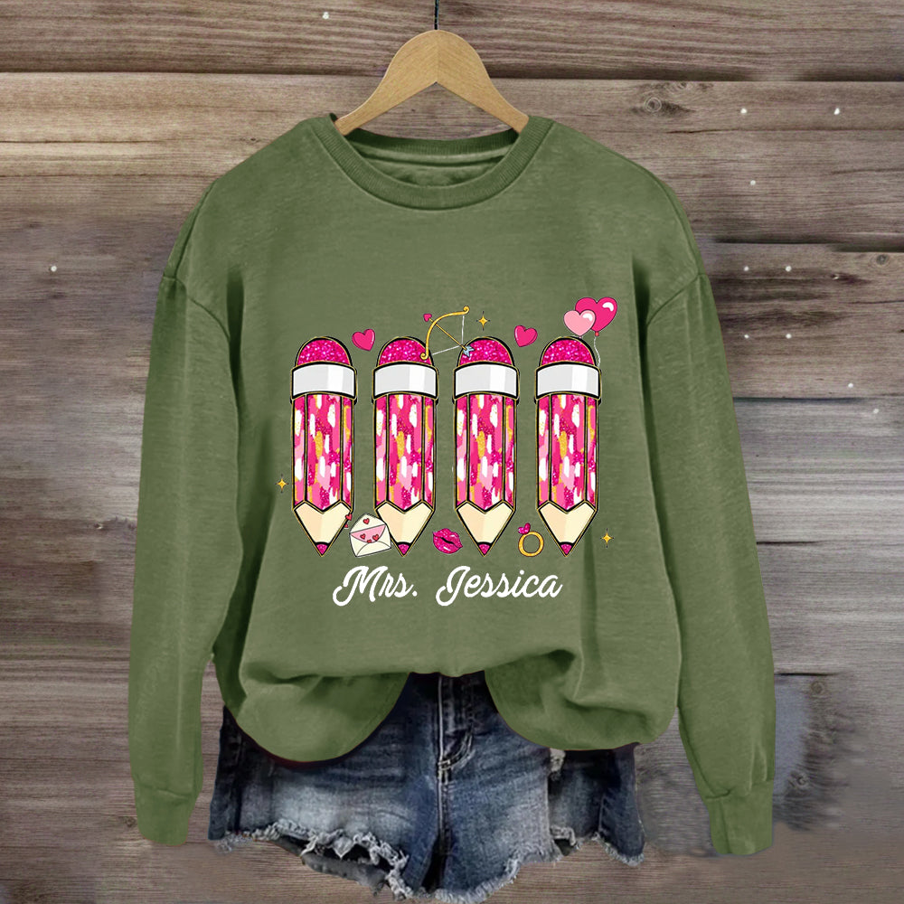 Personalized Name Pink Pencil Teacher Sweatshirt