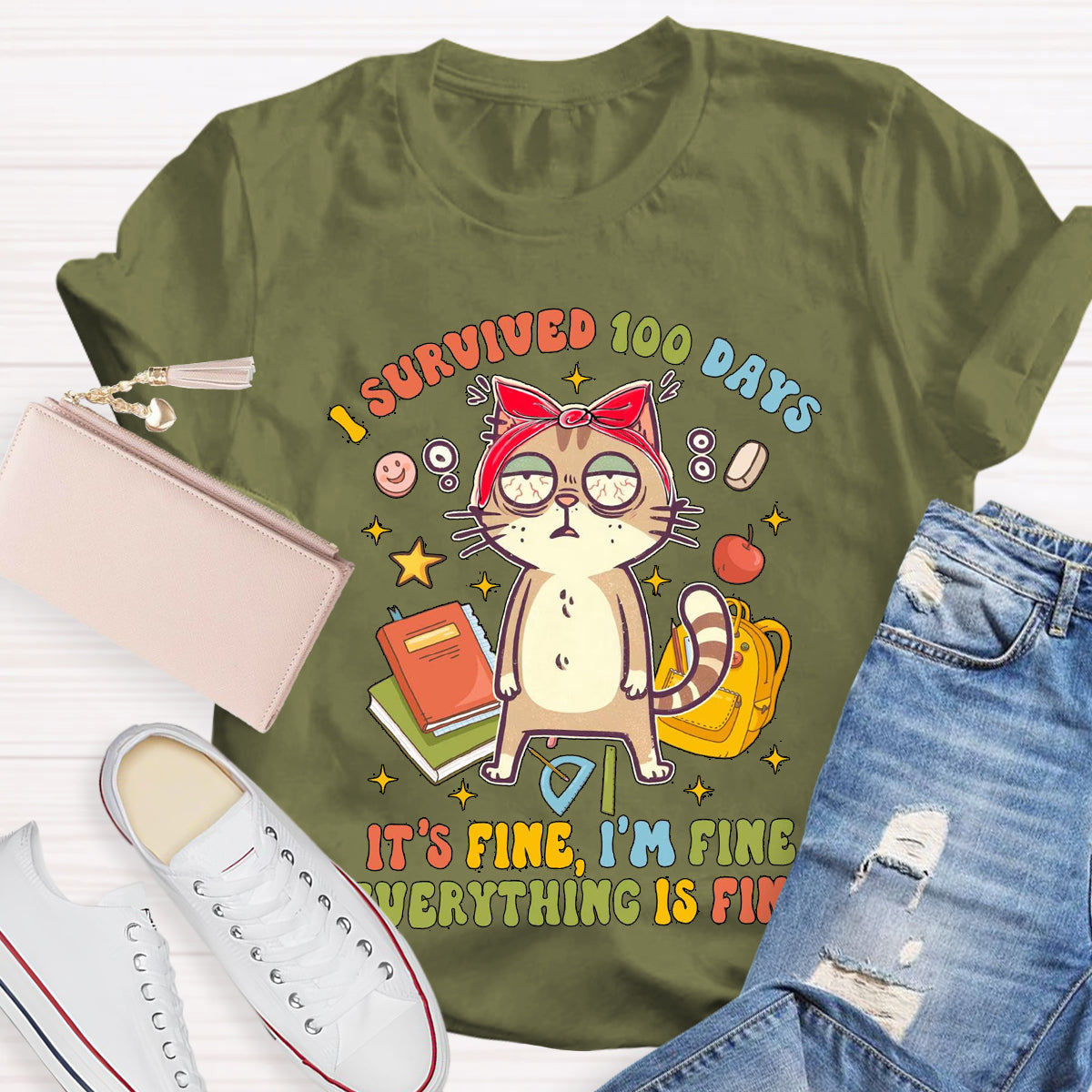 I Survived 100 Days Everything Is Fine Funny Cat  T-Shirt