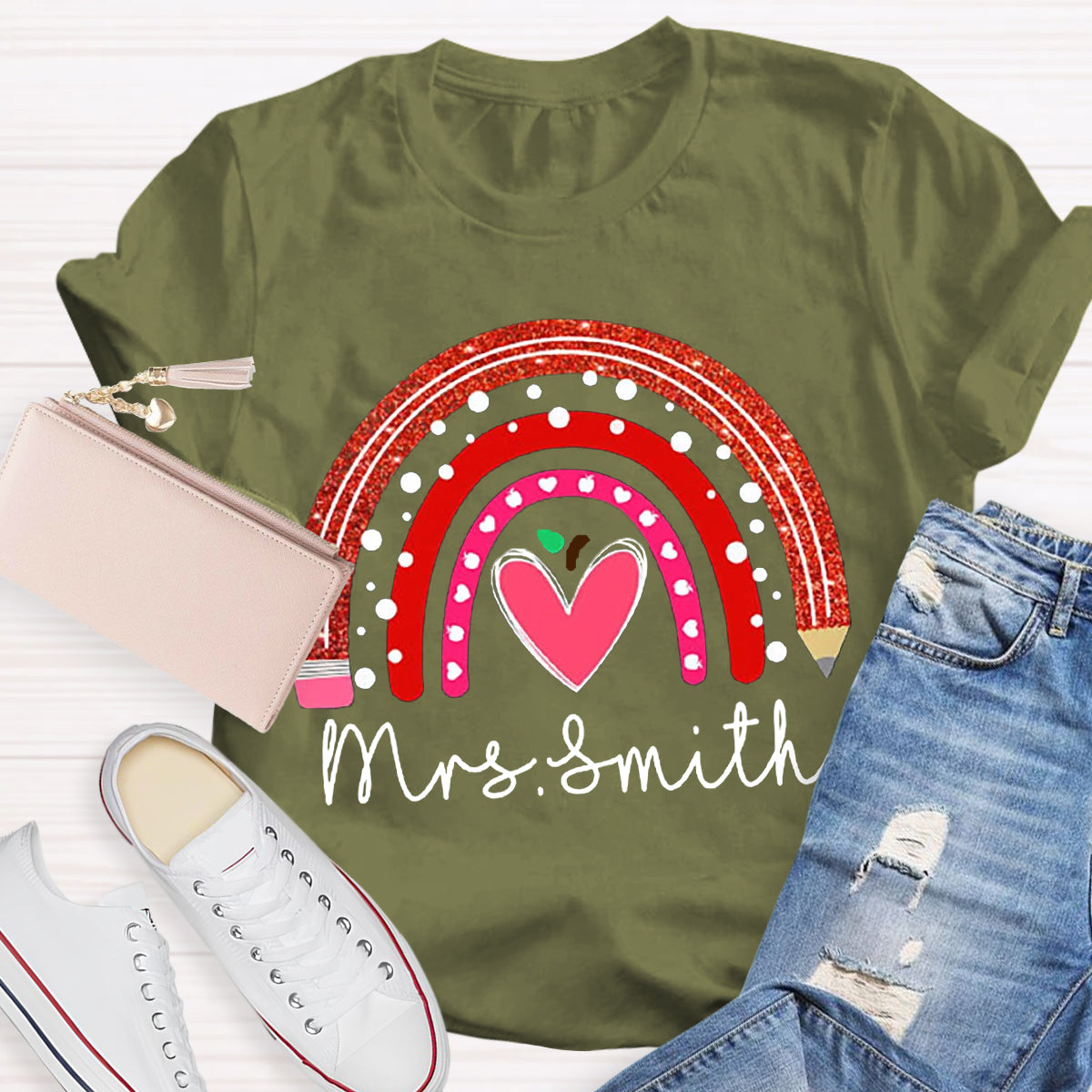 Personalized Name Rainbow Pencil Heart-Shaped Apple Teacher T-Shirt