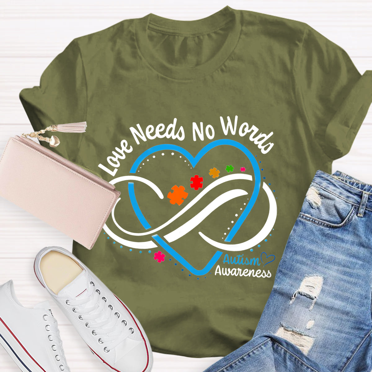 Love Needs No Words Autism Awareness Blue Heart Teacher T-Shirt