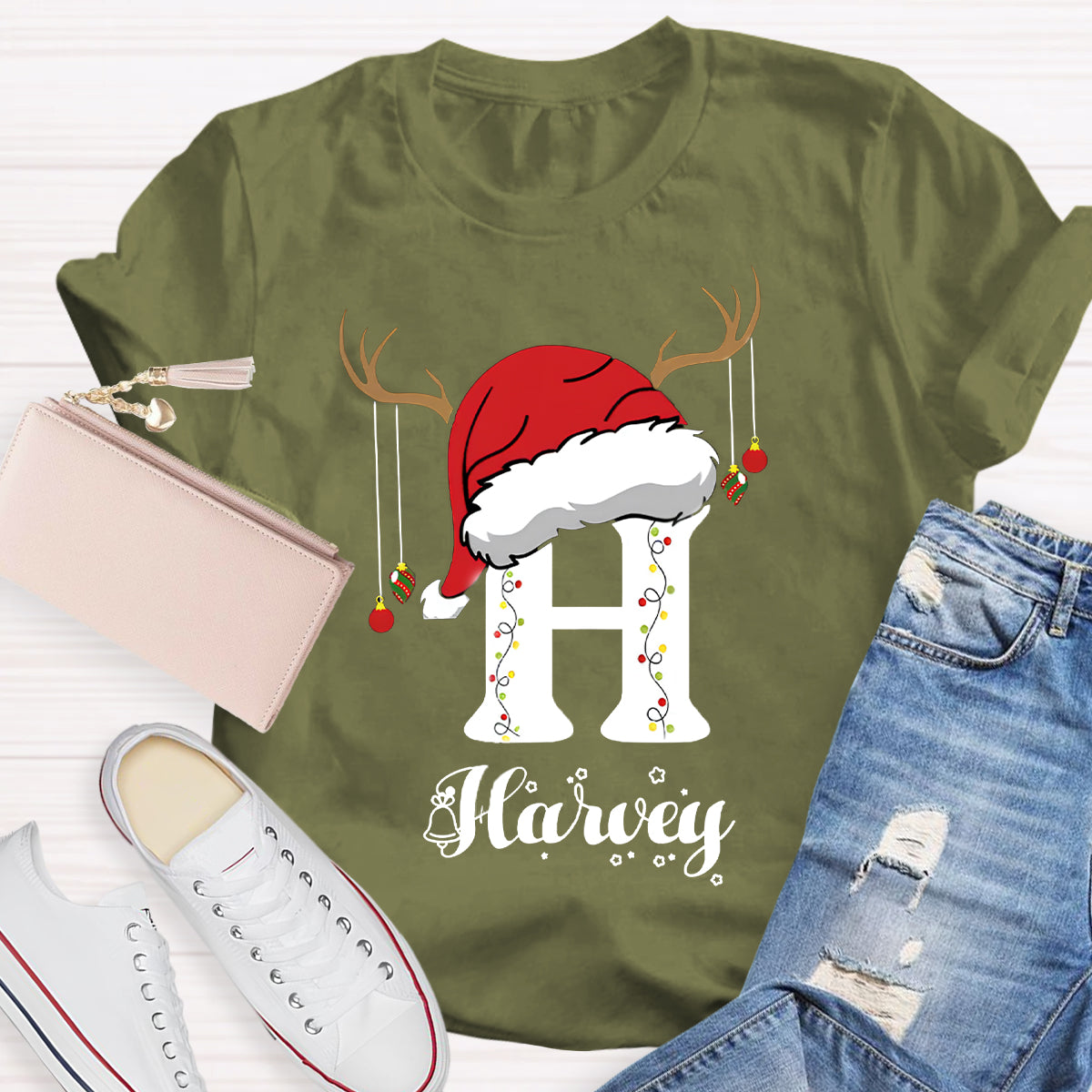 Personalized Name Santa Hat Teacher T-Shirt