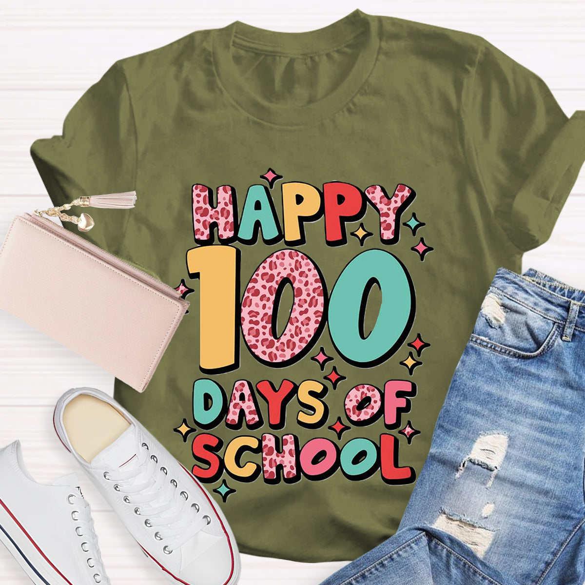 Pink Leopard Happy 100 Days Of School Teacher T-Shirt