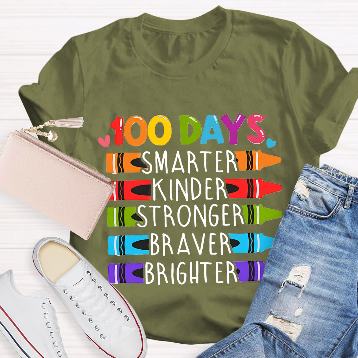 100 Days Smarter Kinder Stronger Crayon T-Shirt