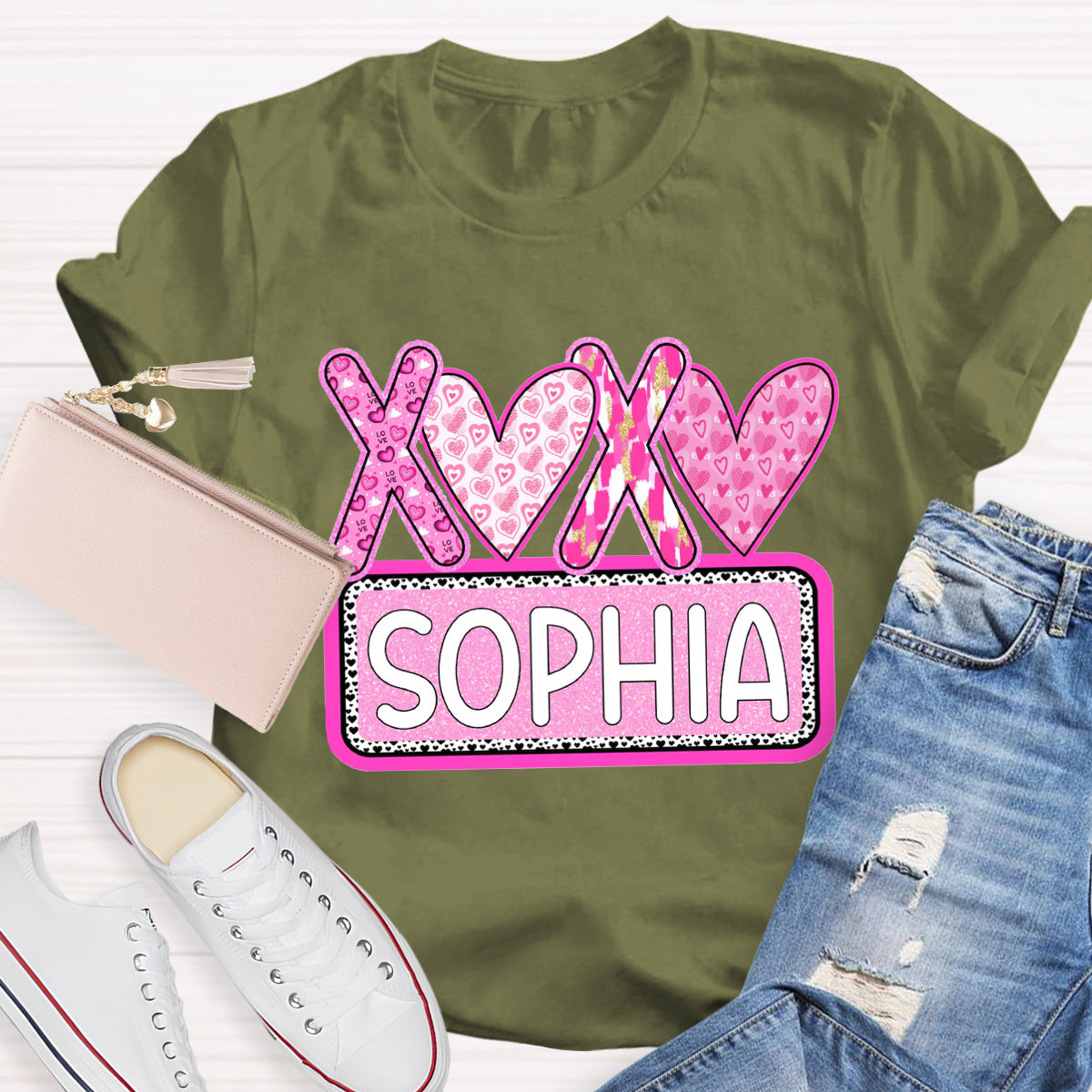 Personalized Name Pink Heart Sophia T-Shirt