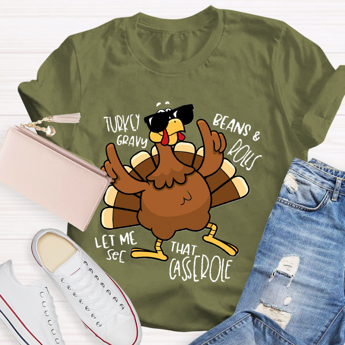 Turkey Gravy Beans Rolls Thanksgiving Teacher T-Shirt