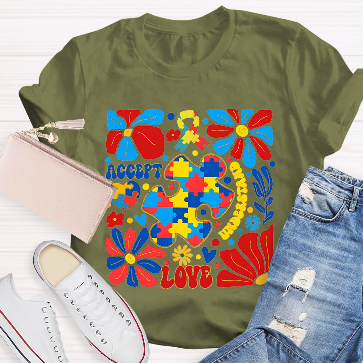 Accept Love Autism Floral T-Shirt