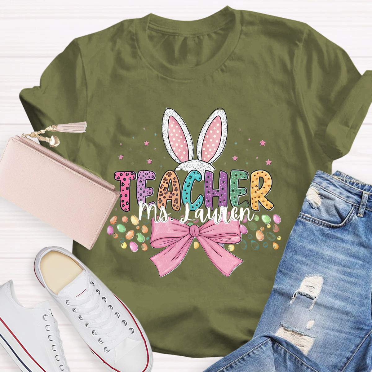 Personalized Name Bunny Teacher T-Shirt