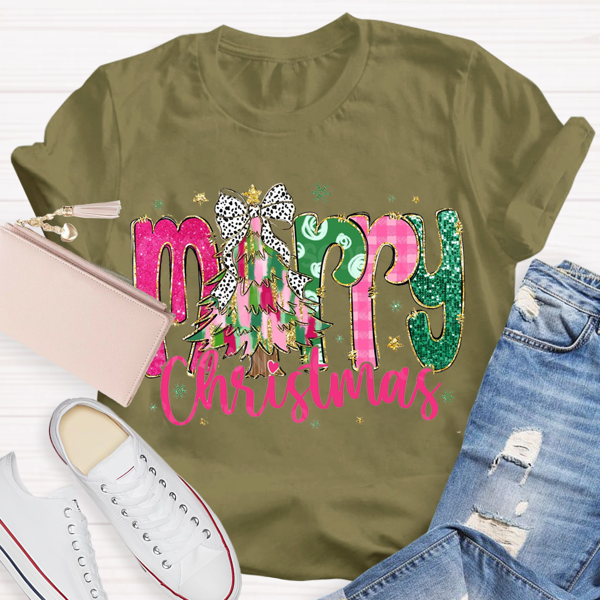 Colorful Glitter Merry Christmas Teacher T-Shirt