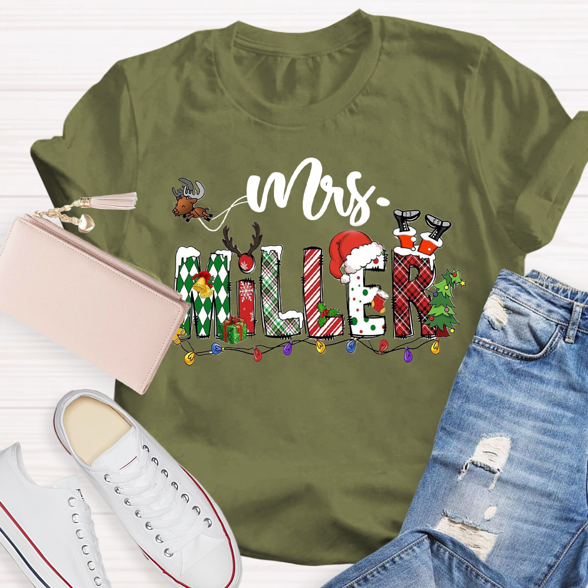 Personalized Name Santa Hat and Eelk Teacher T-Shirt