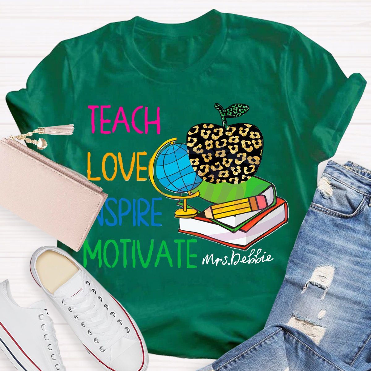 Personalized Name  Teach Love Inspire Motivate Globe T-shirt