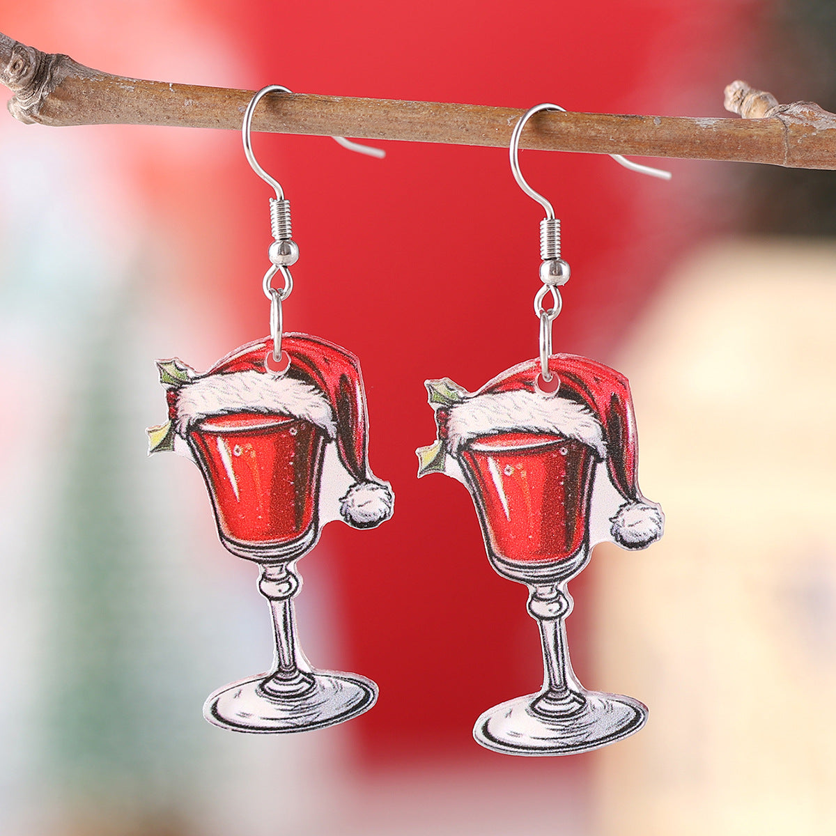 Red Wine Glass Santa Hat Pendant Earrings