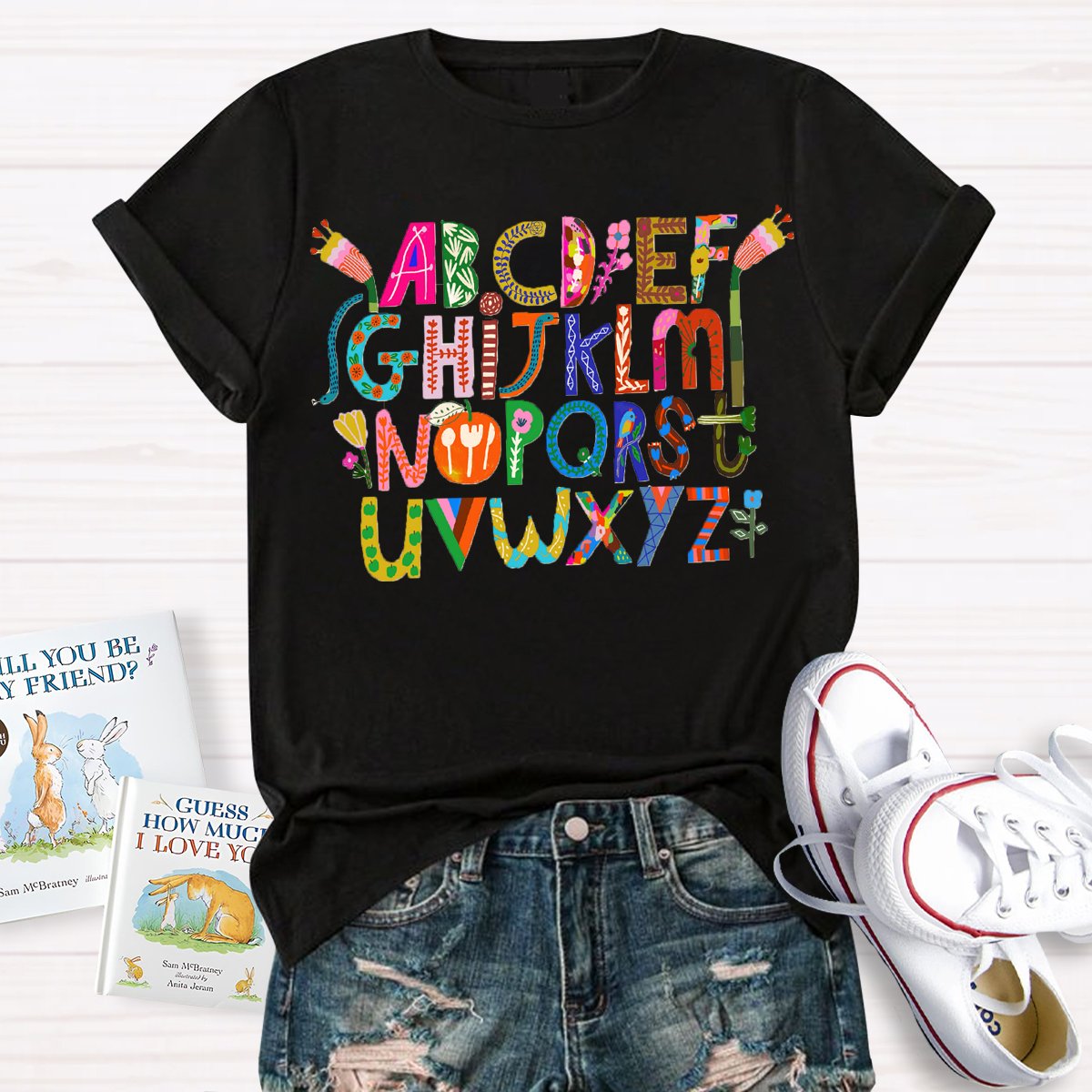 Artistic Design Cute Alphabet Print Teacher T-Shirt