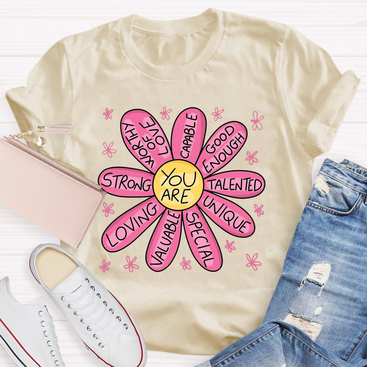 You Are Strong Loving Pink Floral Teacher T-Shirt