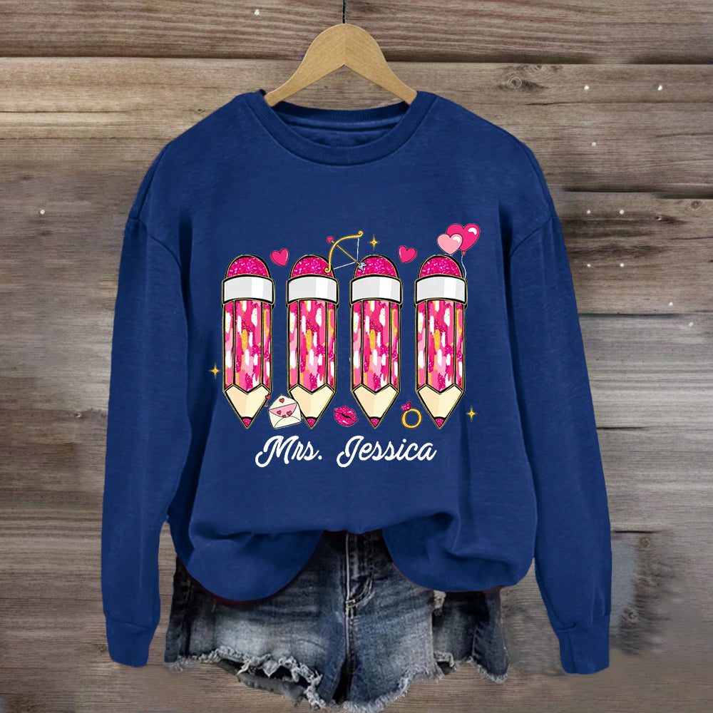 Personalized Name Pink Pencil Teacher Sweatshirt