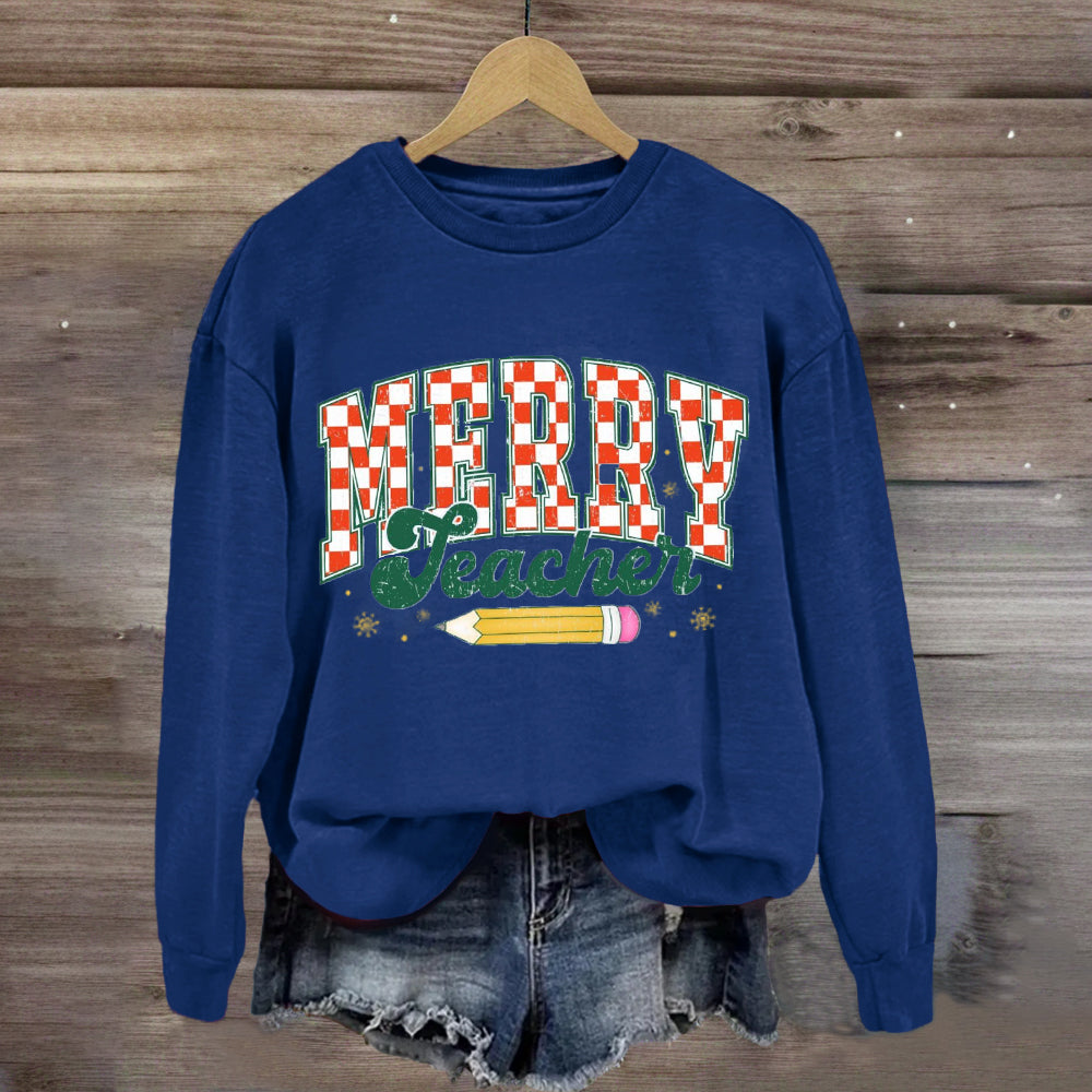 Merry Teacher Plaid Pencil Sweatshirt