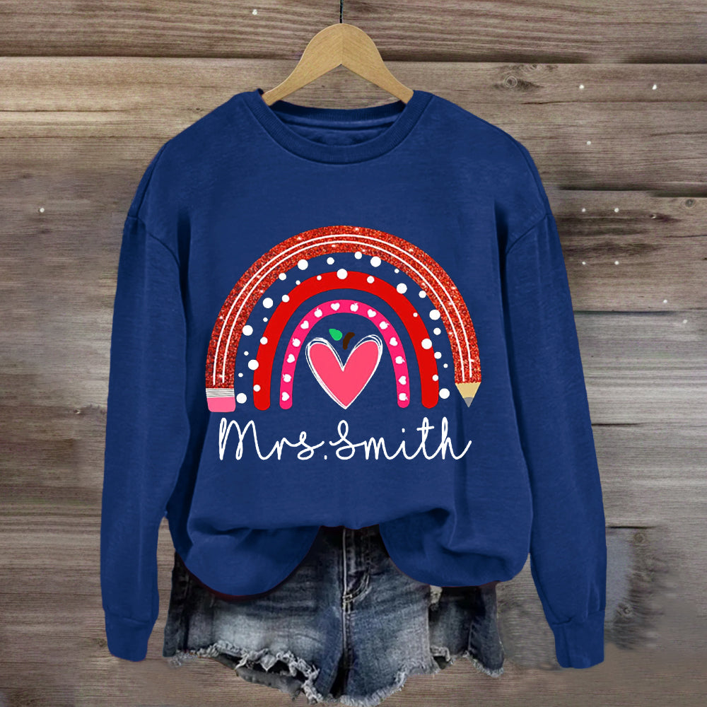 Personalized Name Rainbow Pencil Heart-Shaped Apple Teacher Sweatshirt