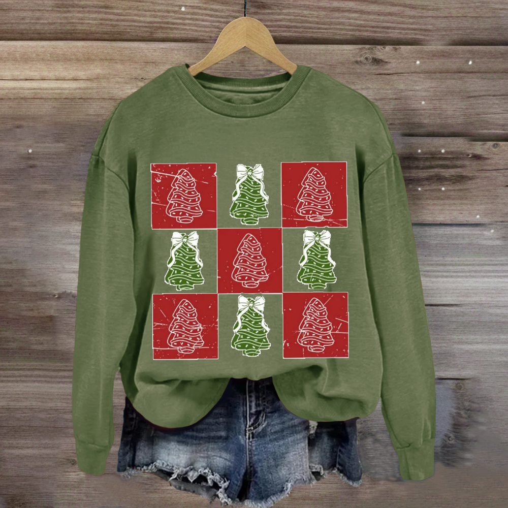 Retro Checkered Christmas Tree Cake Coquette Bow Sweatshirt