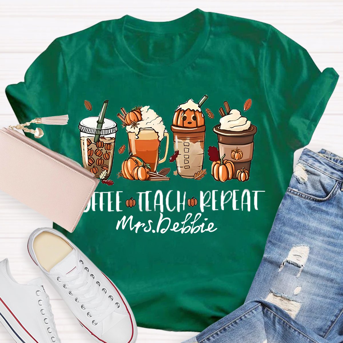 Personalized Name Halloween Coffee Teach Repeat Teacher T-Shirt