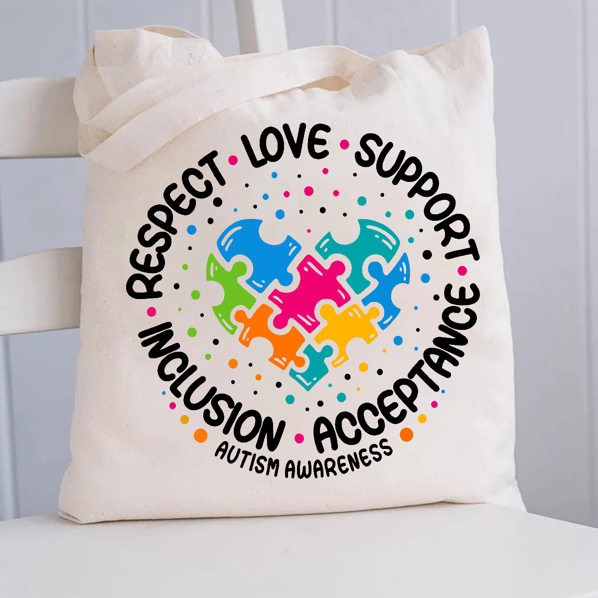 Love Support Acceptance Inclusion Respect Autism Awareness Canvas Tote Bag