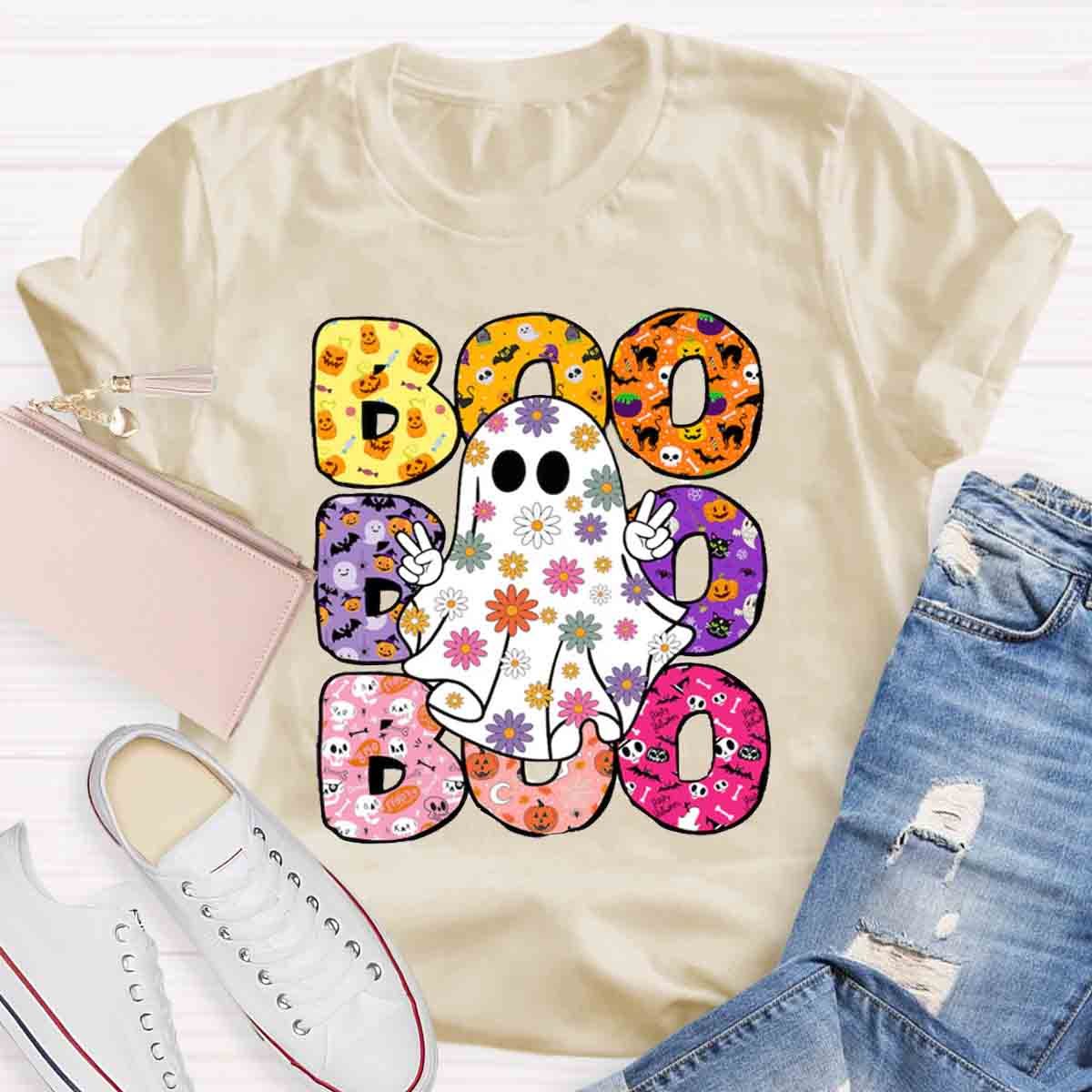 BOO Floral Ghost Print Halloween T-Shirt