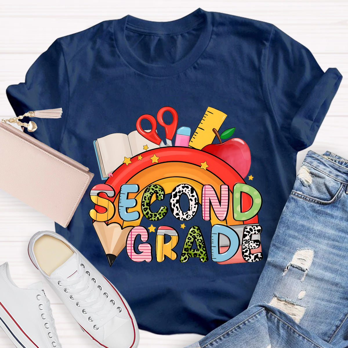 Personalized Grade Pencil Rainbow Second Grade Teacher T-Shirt