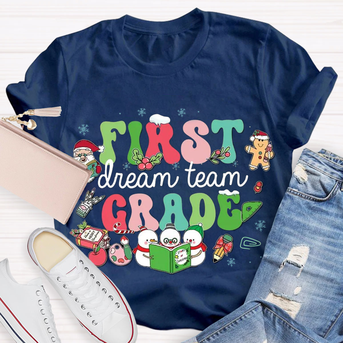 Personalized Grade Dream Team Christmas Snowman Reading A Book T-Shirt