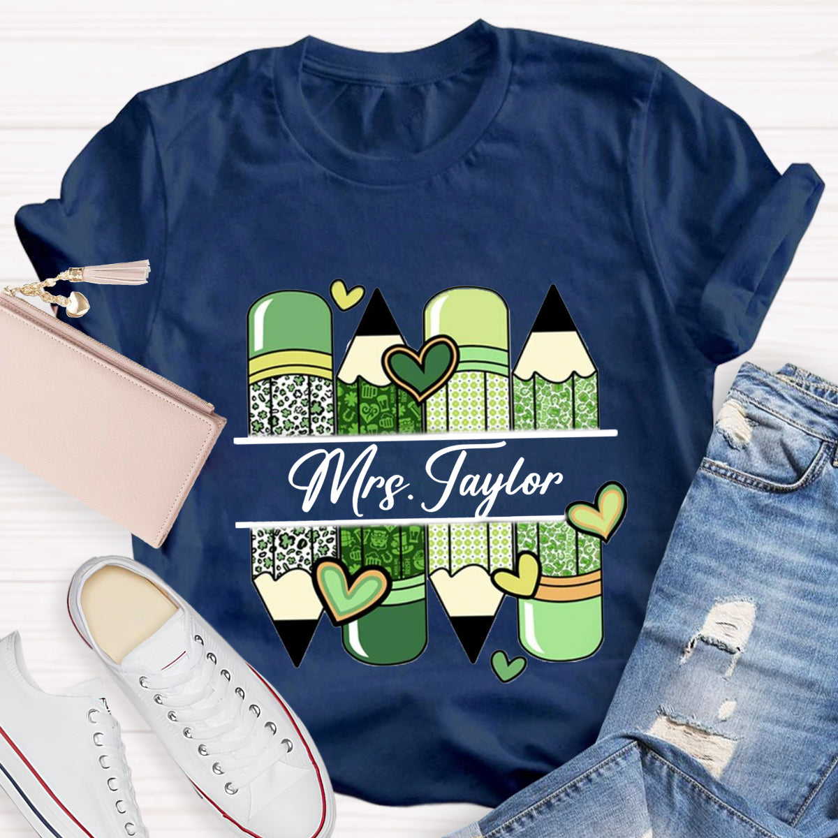 Personalized Name Green Heart Pencil Teacher T-Shirt