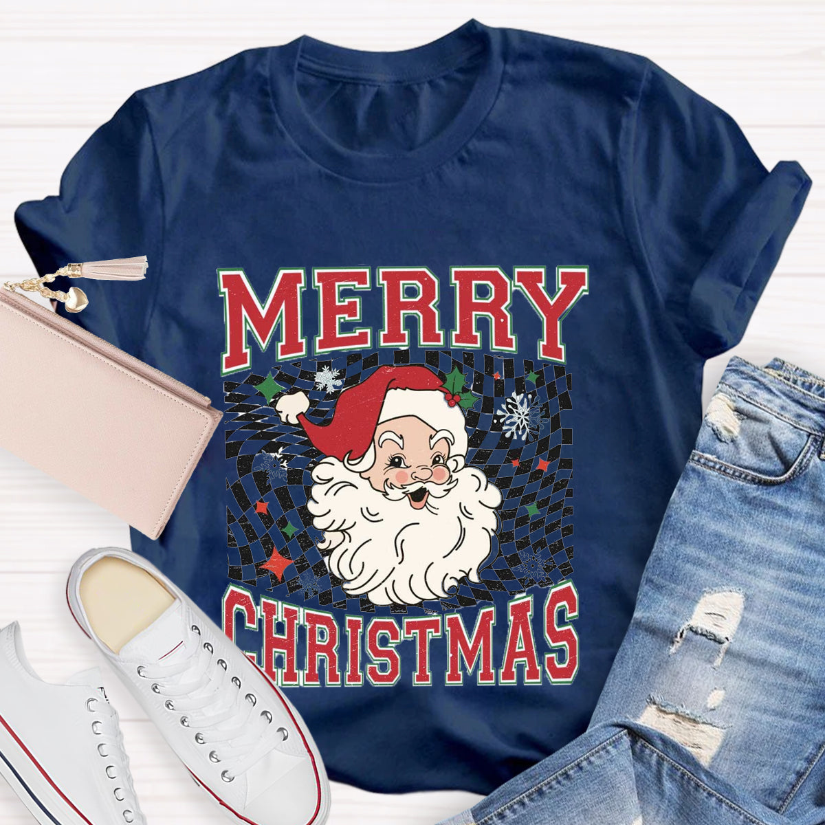 Merry Christmas Plaid Print Santa T-Shirt