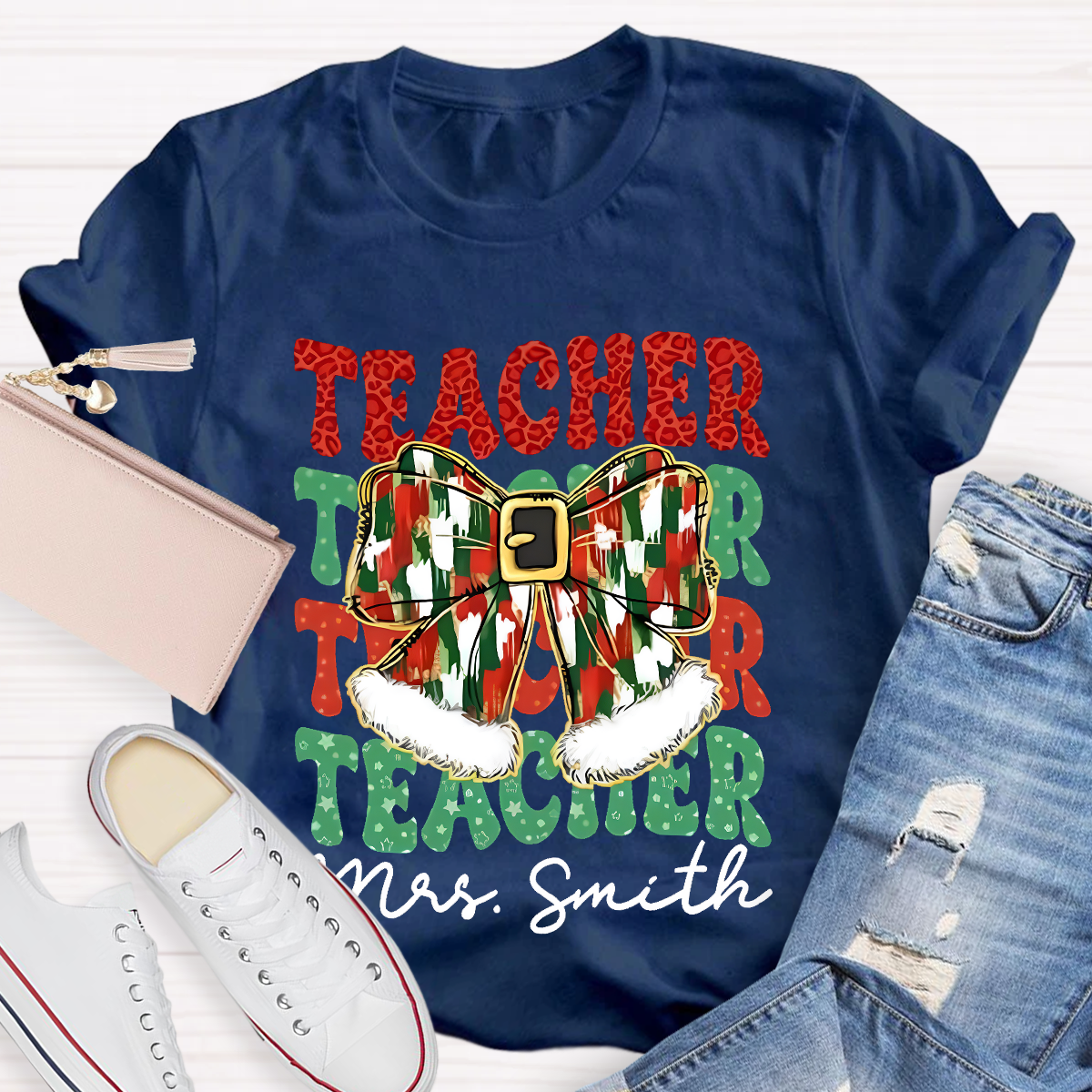 Personalized Name Bow Christmas Teacher T-Shirt