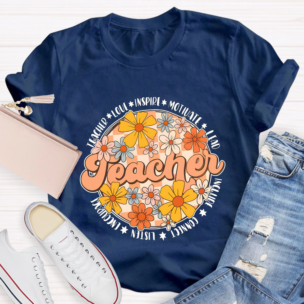 Love Motivate Inspire Floral Teacher T-Shirt