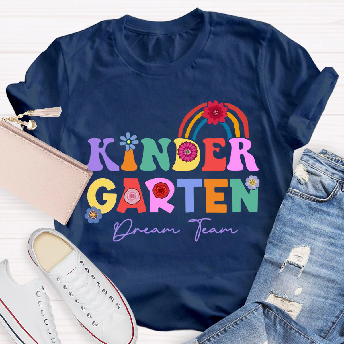 Personalized Grade Dream Team Floral Rainbow Teacher T-Shirt