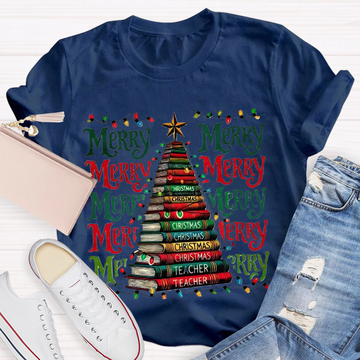 Merry Christmas Book Tree Teacher T-Shirt