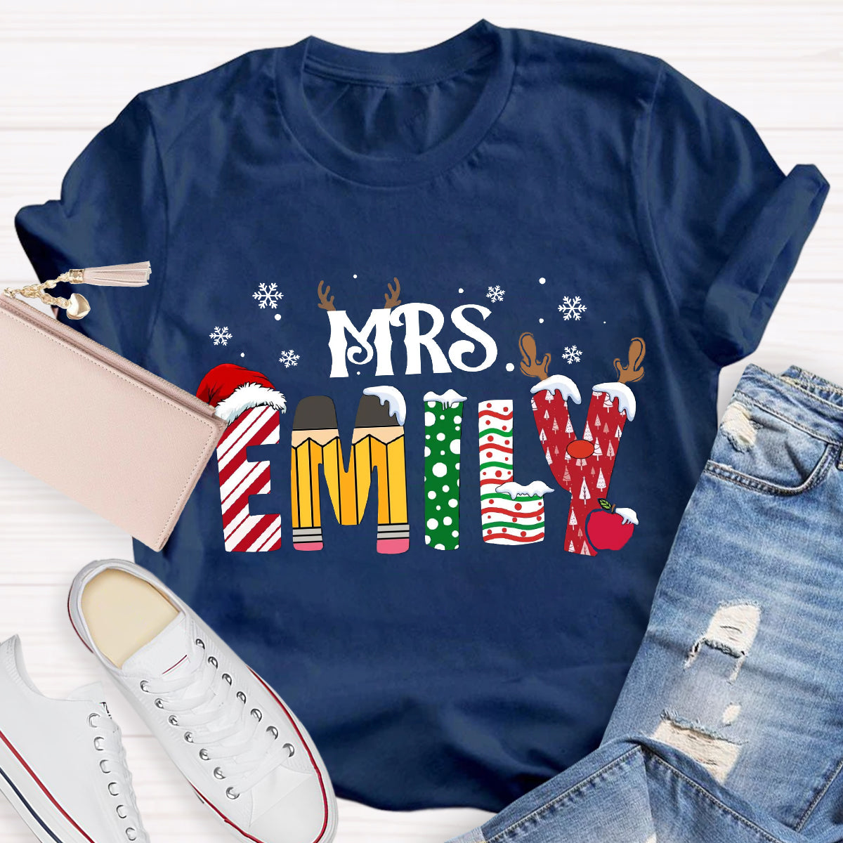 Personalized Name Christmas Teacher Emily T-Shirt