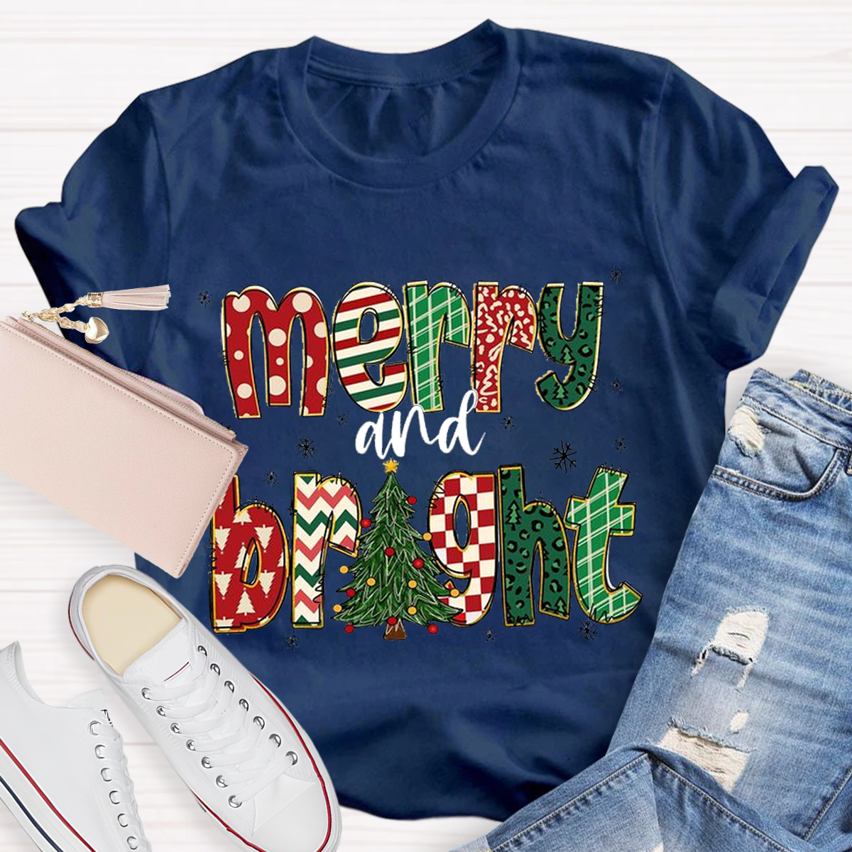 Merry and Bright Retro Christmas Tree Teacher T-Shirt