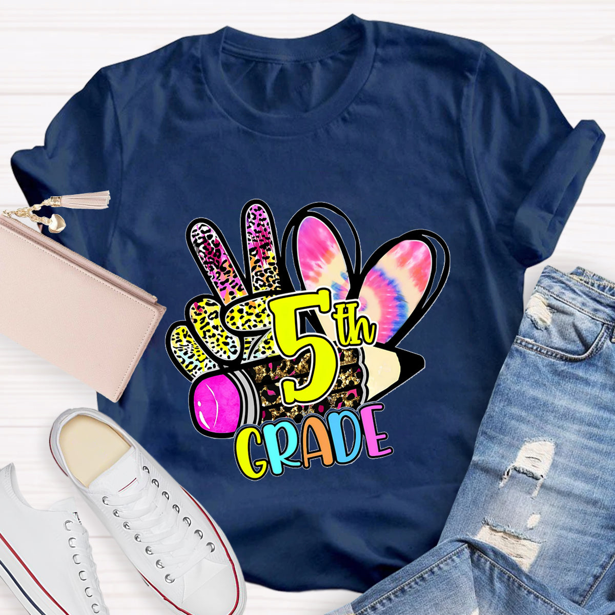 Personalized Grade Colorful  Leopard Heart  5th Grade Teacher T-Shirt