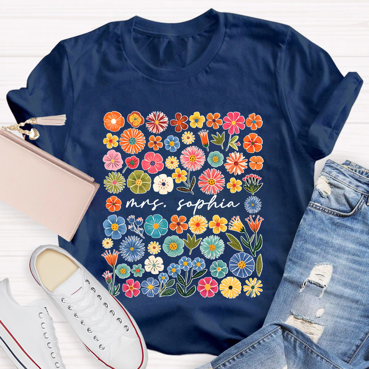 Personalized Name Vintage Florals l Teacher T-Shirt