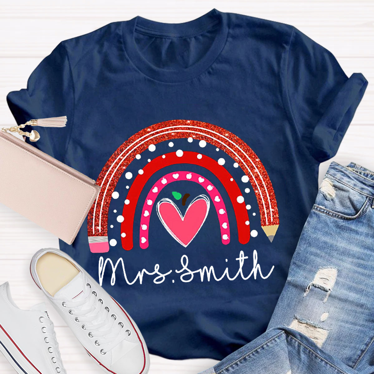 Personalized Name Rainbow Pencil Heart-Shaped Apple Teacher T-Shirt