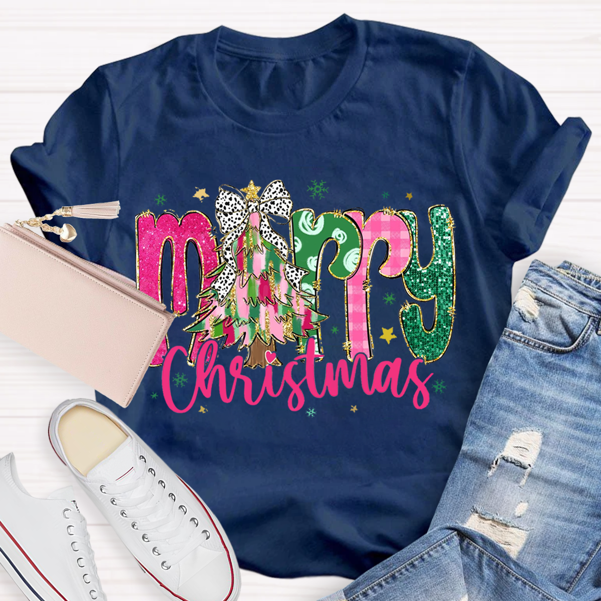 Colorful Glitter Merry Christmas Teacher T-Shirt