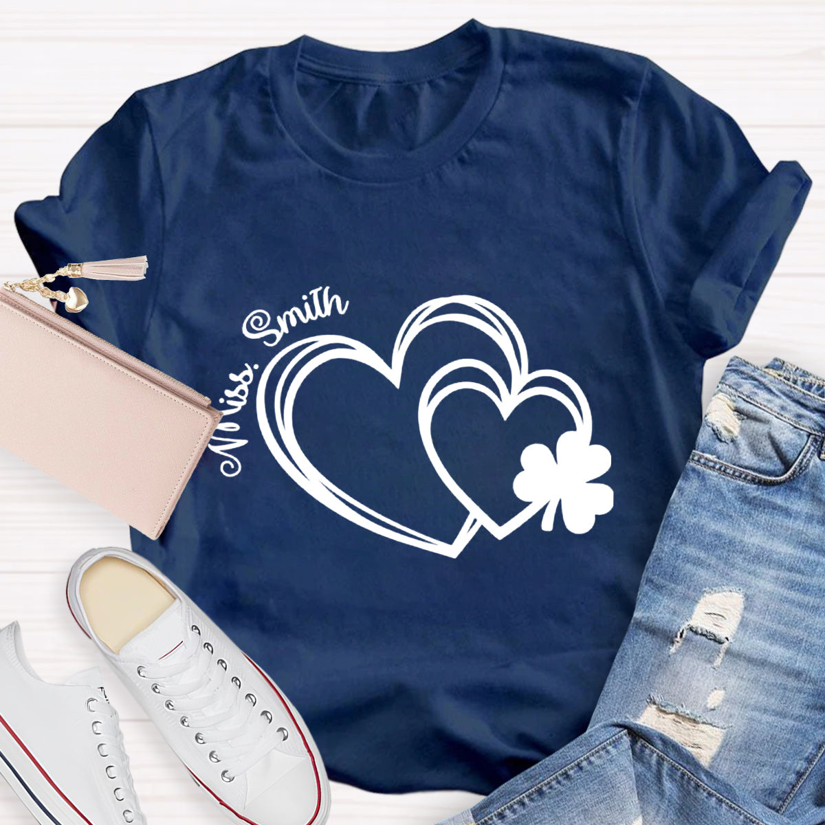 Personalized Name Heart Shamrock Teacher T-Shirt