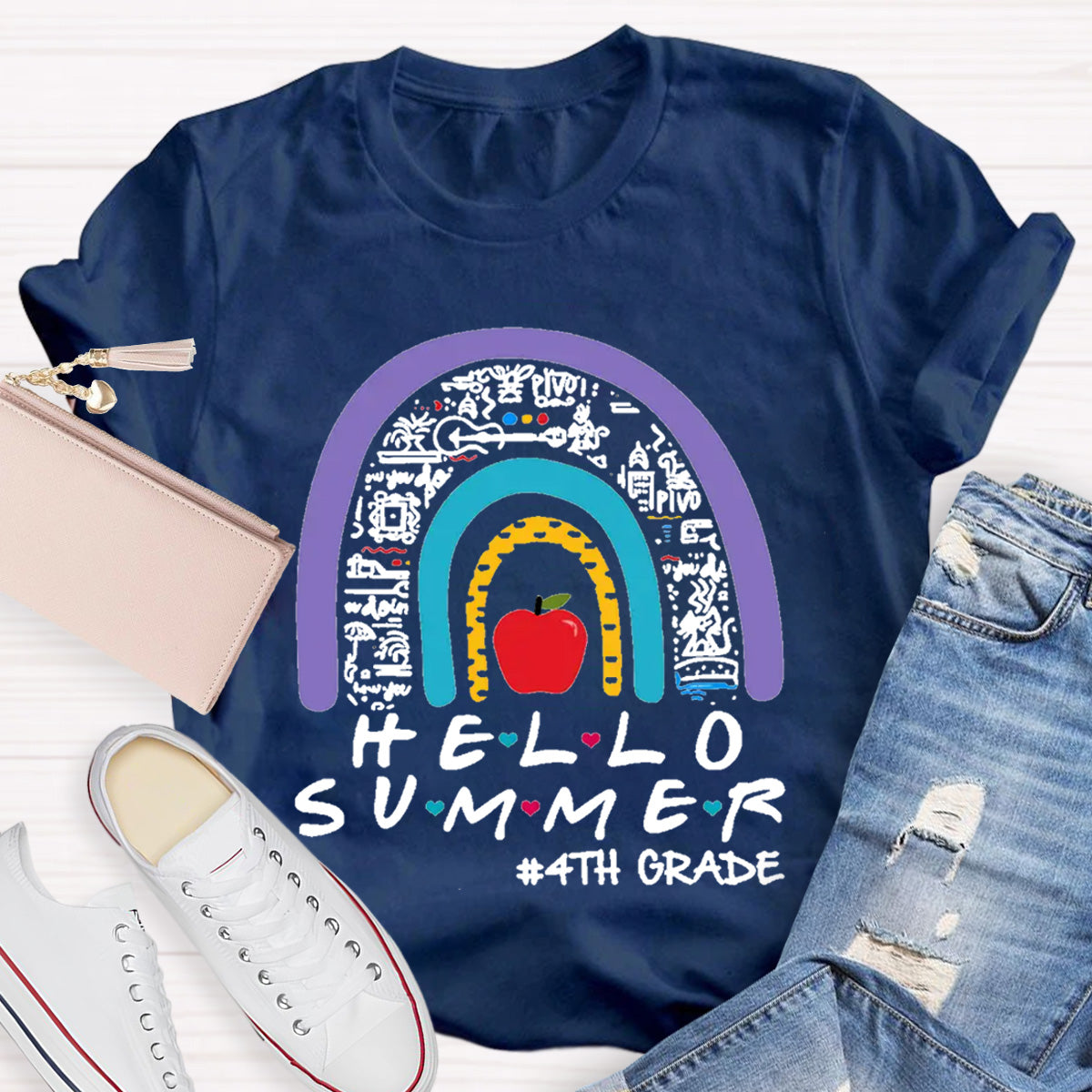 Personalized Grade Hello Summer Apple Rainbow Teacher T-Shirt