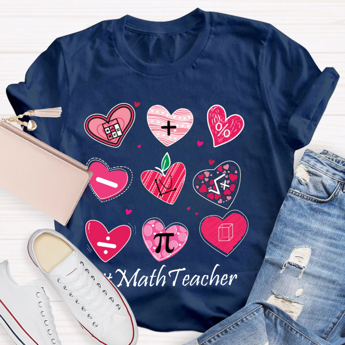 Pink Heart Math Symbols Teacher T-Shirt