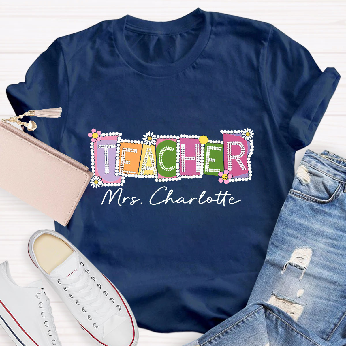 Personalized Teacher Name Contrasting Flowers T-Shirt