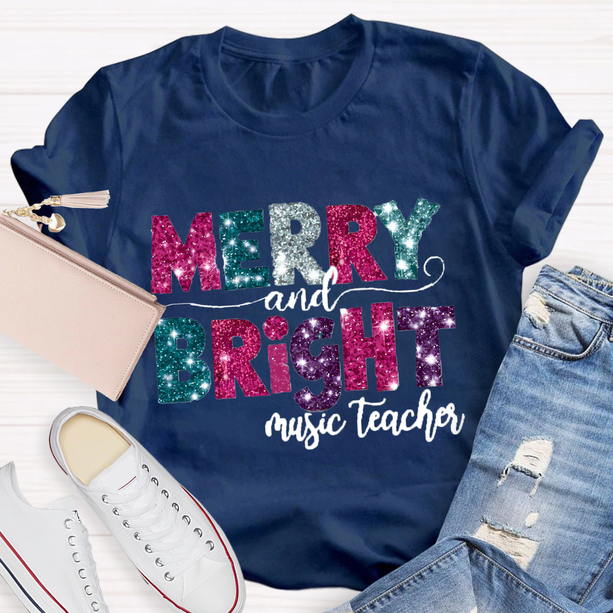 Personalized Subject Merry and Bright Teacher  T-Shirt