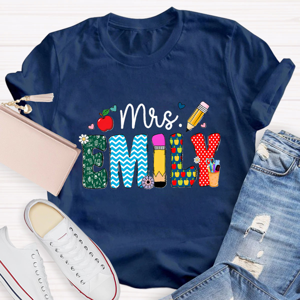 Personalized Name Beautiful Flower Emily Teacher T-Shirt