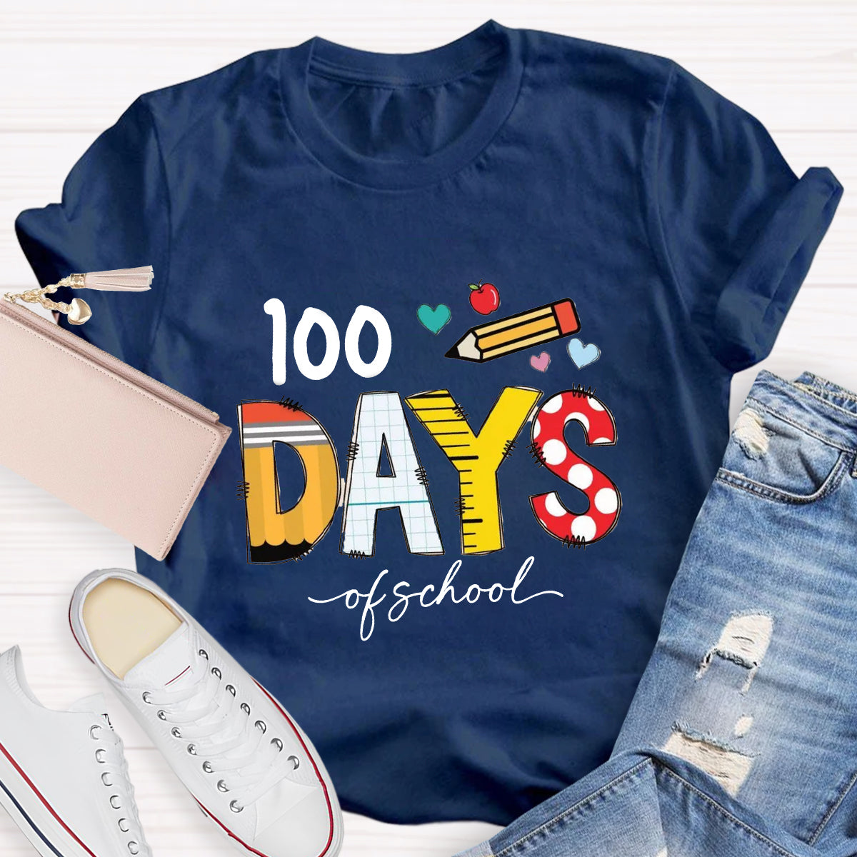 100 Days Of School Pencil Apple Teacher T-Shirt