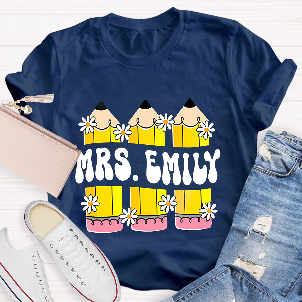 Personalized Your name Retro Teacher Pencil T-Shirt