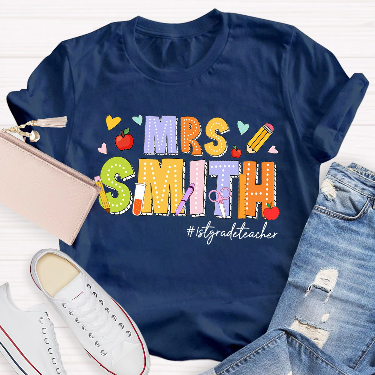 Personalized Name And Grade Heart  Teacher T-Shirt