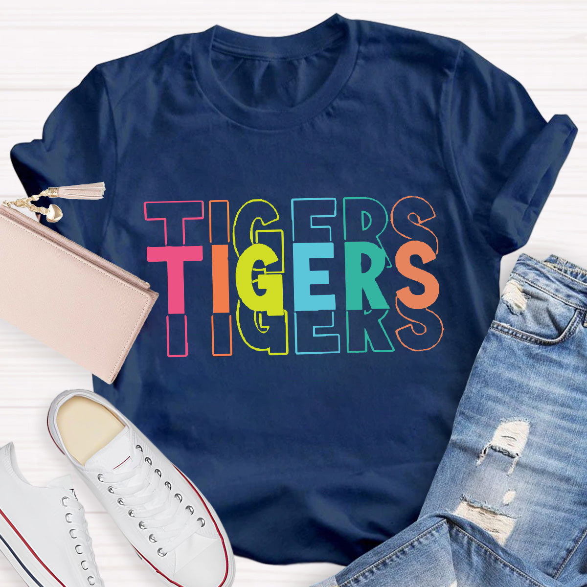 Personalized  Mascot Tigers Colorful Letters Teacher T-Shirt