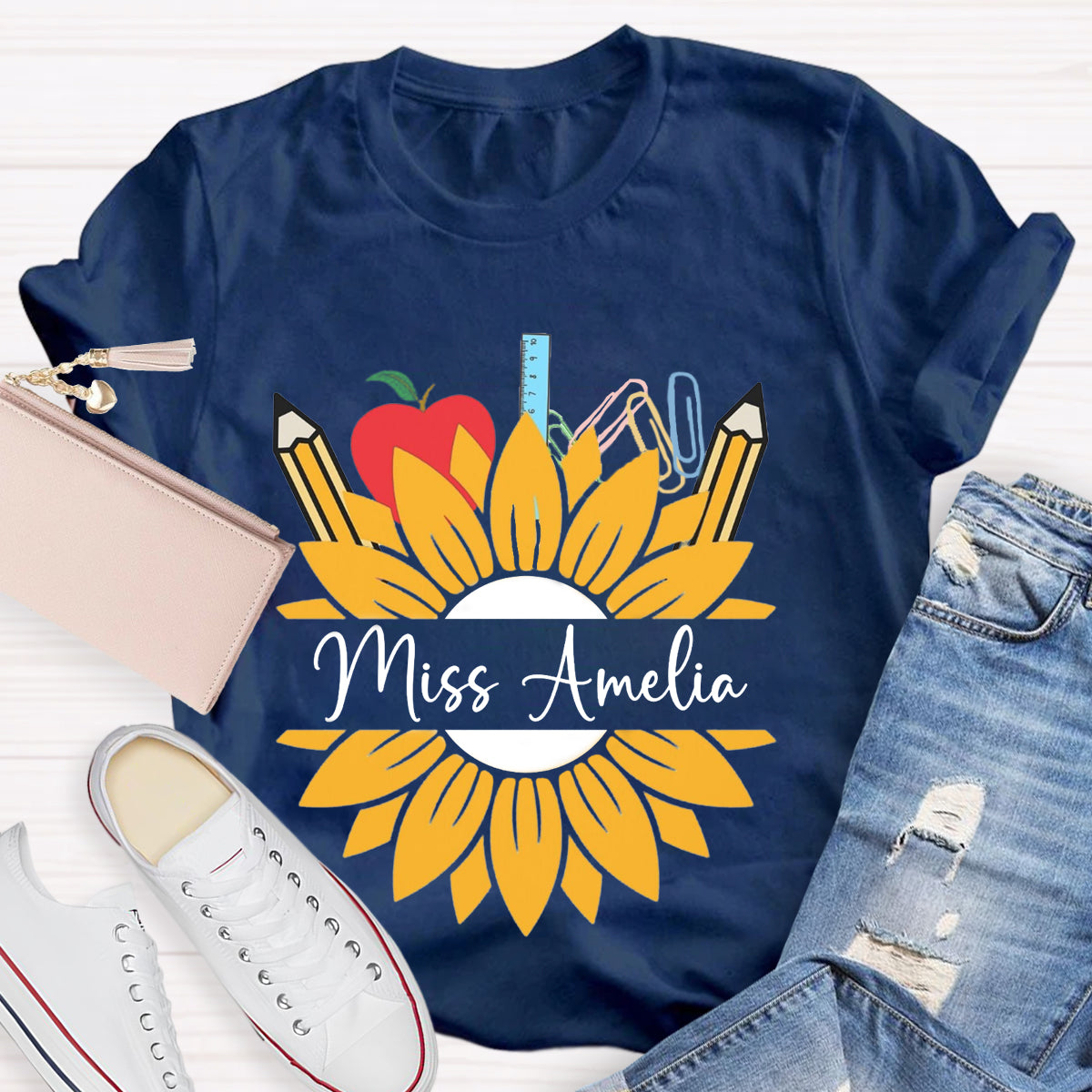 Personalized Name Sunflower Apple Pencil Teacher T-Shirt