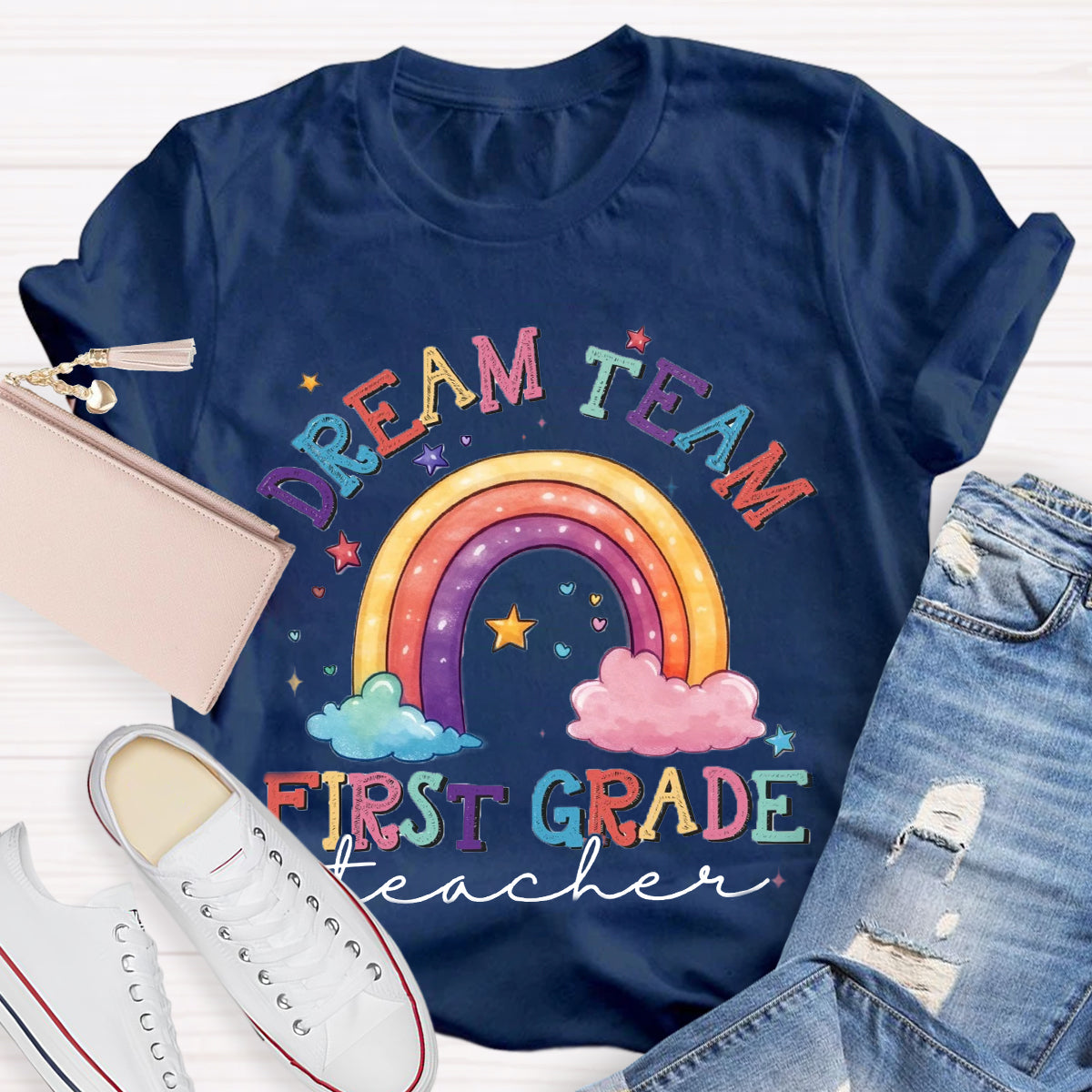 Personalized Grade Dream Team Teacher Rainbow T-Shirt